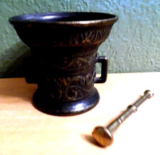SMALL APOTHECARY DOUBLE HANDLED BRASS MORTAR WITH BRASS PESTLE picture