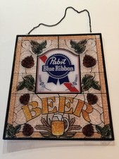 Pabst Blue Ribbon Beer Replica Stained Glass Style Sign W/Hanging Chain picture