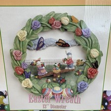 Easter Resin Wreath Bunny Butterflies Tulips  Seesaw Holiday Spring 13” VTG picture