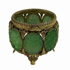 1960s Ormolu Gold Gilt & Jade Art Glass Jewelry Box by ‘STYLEBUILT’ Vintage Rare picture