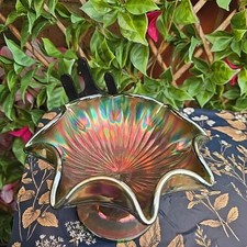 Vintage Northwood Green Lustre Carnival Glass Ruffled Edge Compote W5½xH4