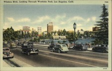 Wilshire Blvd Westlake Park Los Angeles California ~ 1930-40s cars ~ postcard picture