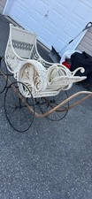 Vintage Baby Carriage Victorian White Chippy Stroller Wicker Wood Metal picture