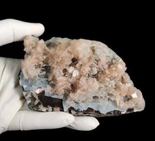 328g Natural Pink Stilbite Cluster on Blue Chalcedony Minerals picture