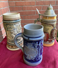German Beer Steins Lot of 3 - Relief Scenes, Bavarian Charm, Pewter Lid, picture