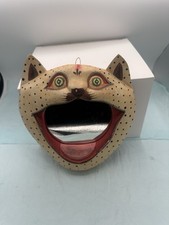 Vintage Indonesia Wood Cat Wall Mask Mirror Folk Art Hand Painted 8.5
