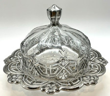 Antique EAPG Athenia Reverse 44 Butter Keeper with Lid Platinum Trim 1912 picture