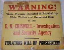 Vintage E.N. Criswell Security Agency Sign Cardboard Warning No Trespassing picture