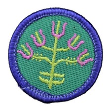 VINTAGE GIRL SCOUT BADGE - WORLDS TO EXPLORE - FOLK ARTS - Dabbler Patch Purple picture