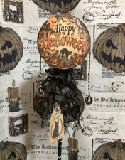Vintage Style Halloween NOISEMAKER RATTLE - Happy Halloween Black Cat & Skeleton picture