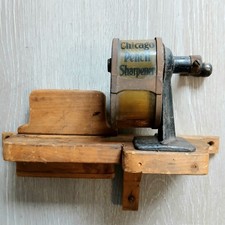 ​Antique Chicago Pencil Sharpener Automatic Pencil Mount Co. Wood Base picture