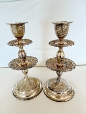 VINTAGE PAIR SILVER TONE FILIGREE CANDLESTICKS MIDDLE EASTERN STYLE picture