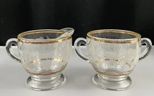 Vintage Glass Creamer and Sugar Bowl Set Gold Trim Etched Floral Footed Pair picture