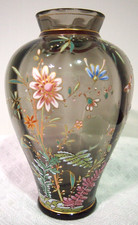Antique MOSER Smokey Crystal Enameled Vase Featuring Flowers & Ferns 8.5
