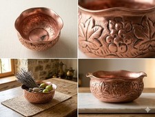 Vintage Hammered Copper Bowl Embossed Floral Scalloped Rim Decorative Showpiece picture