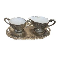 Himark Vintage Sugar Creamer Set with Tray 3pc Silver Rose Embossed picture