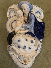 Vintage TKN Japan Porcelain Wall Plaque Romantic Rococo Couple Cobalt Blue Gold picture