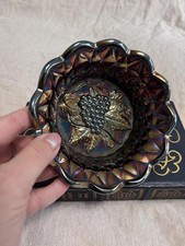 Vintage Fenton Carnival Glass Grape Bowl – Iridescent Amethyst Grape & Leaf picture