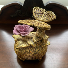 Vintage Westland / TAJ Japan Musical Automaton Butterfly Porcelain Rose WORKING picture