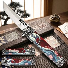 9” Cherry Blossom Ocean Waves Art Folding Pocket Knife – Steel Blade EDC Knife picture