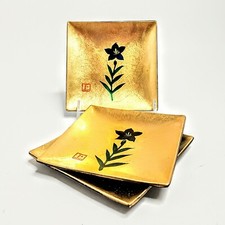 3 Japanese Yamanaka Lacquerware Gold Leaf Lacquer Plates 4 1/2