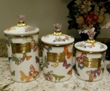 MACKENZIE-CHILD'S BUTTERFLY GARDEN S,M,L,,THREE CANISTER SET, RETIRED, NEW picture
