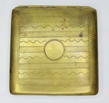 VINTAGE BRASS CIGARETTE CASE HOLDER POCKET BOX ART DECO ENGRAVED CARTOUCHE METAL picture