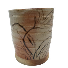 Studio Art Pottery Brown Leaf Motif Ribbed Mug Artist Signed 4