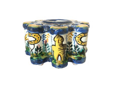 Antique Inkwell Majolica Hand Painted Eight Lobed Pottery w Brush Pen Holders picture
