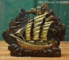 8”Auspicious China Brass Gilt Dynasty Palace Fengshui propitious Sailboat Statue picture