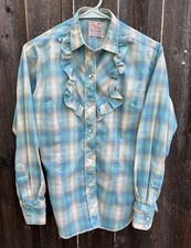 Vintage 1960s Tem-Tex Womens Ruffle Western Shirt Plaid Pearl Snap Size 14 Blue picture
