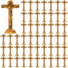 Qunclay 50 Pcs Mini Jesus Crucifix Stand Cross 1.97Inch Figure, Dark Brown picture