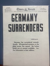 VINTAGE NEWSPAPER HEADLINE~WORLD WAR 2 GERMANY SURRENDERS VICTORY IN EUROPE 1945 picture