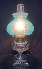 Antique 1910-1920 Converted Oil Lamp W Blue Fenton Diamond Quilt Satin Shade picture