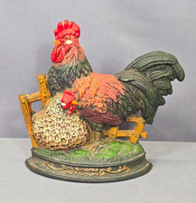 Vintage Cast Iron Rooster & Hen Door Stop Hand Painted Farmhouse Decor picture