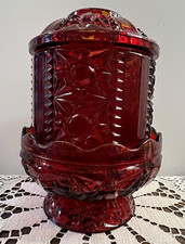 Vintage Indiana Glass Stars & Bars Fairy Lamp Ruby Red Flash 1970s Pedestal picture