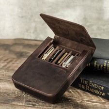 NEW Vintage Genuine Leather Pen Case Office Pencil Holder Pens Organizer Bag USA picture