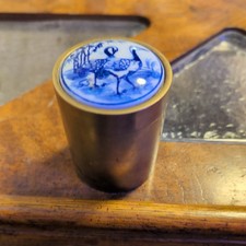 VINTAGE 1950s Brass Tobacco Trinket Jar W/ Blue White Hand Painted Porcelain Lid picture