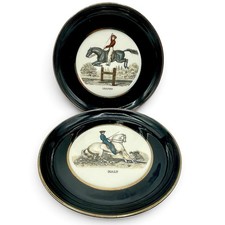 Vintage Lot 2 Hyalyn EQUESTRIAN PLATES Halt Leaping Black Gold Porcelain EUC picture