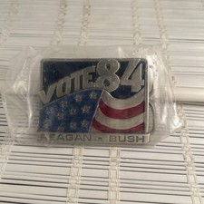 Vote 84.  REAGAN BUSH 1984 IOWA POLITICAL BELT BUCKLE~~New Old Stock, Sealed picture