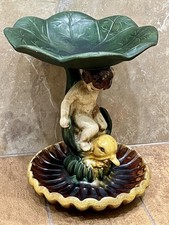 RARE Antique Majolica of Cherub Atop Dolphin w/ Lily Pad Bowl & Shell Base picture