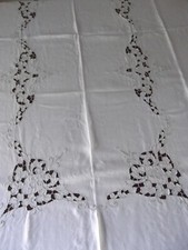 Vtg linen tablecloth 66x104 oblong madeira cutwork embroid scallop ecru MINT picture