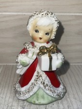 Vintage Lefton Angel Bell Figurine Holding Christmas Gift Ceramic Spaghetti Trim picture