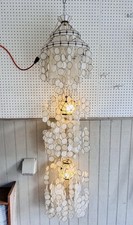 Vintage Capiz Shell 2 Light 3 Tier Chandelier Mid Century Modern Spiral Gold picture