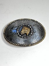 Horse head centered on western mixed metal belt buckle beautiful flower swirl picture