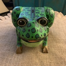 Vintage Green Spotted Frog Piggy Bank Wooden Coin Bank Big Eyes - Missing Bottom picture