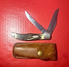 VTg KA-BAR Kabar 1184 USA 2 Blade Folding Hunter Knife Stag Handle Belt Sheath picture