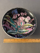 BLACK PINK ASIAN IRIS LEAF TEXTURED FLOWER DECORATIVE BOWL (NOT FOR FOOD) VTG picture