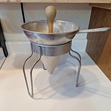 Vtg Aluminum Wear-Ever No 8 Sieve Cone Strainer Wood Pestle w Stand Canning picture