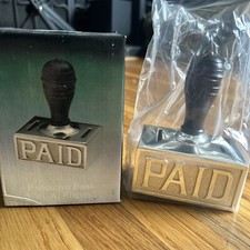 Vintage Paid Stamp Shaped Coin Bank Silverplated & Wood Handle Twist-off Stopper picture